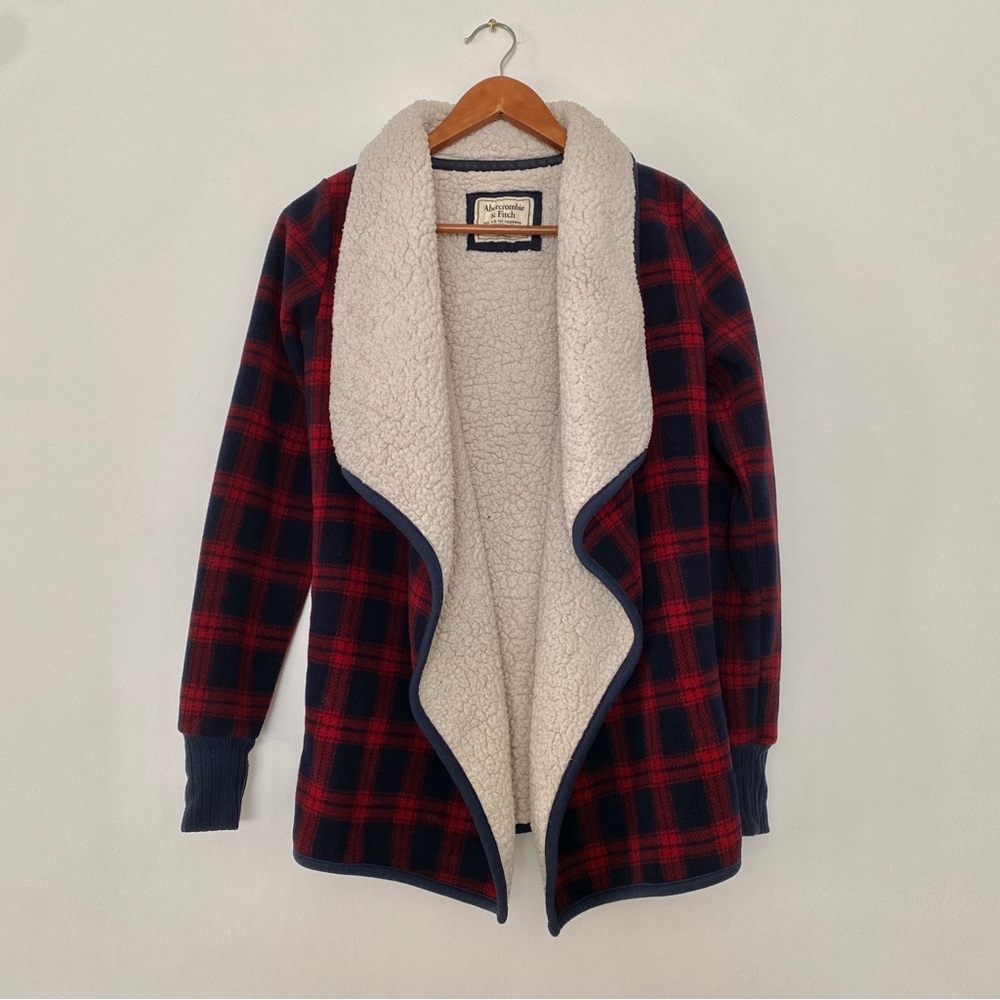 Abercrombie & Fitch Sherpa Lined Plaid Open Cardigan Jacket Red Navy XS